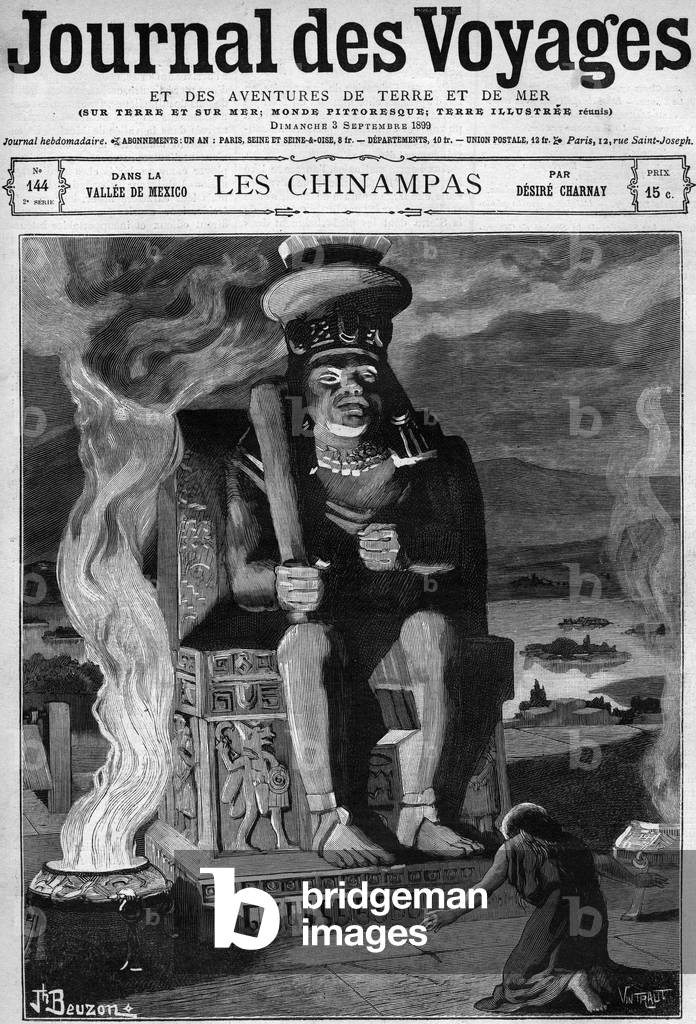 Engraving depicting the worship of Huitzilopochtli in Aztec civilization from Journal des Voyages, 1899 (print)