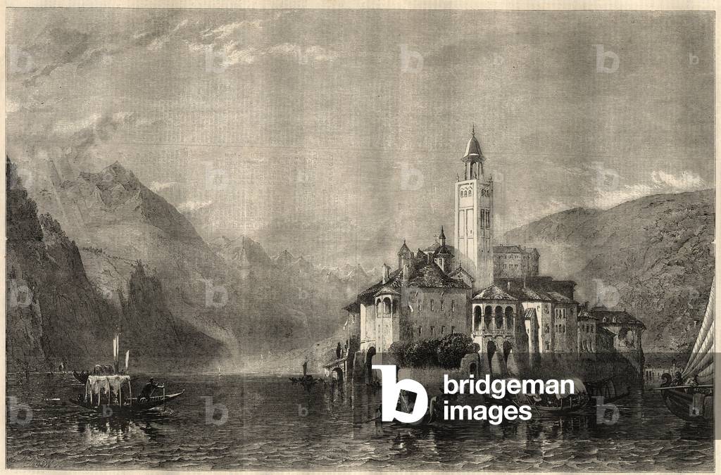 View of the monastery Mater Ecclesiae on the island of Saint Jules (Saint Jules) (San Giulio) on Lake Orta (Lake Cusio) in Italy. Engraving after a painting by William Collingwood Smith (1815-1887). In “The Illustrated London News” of March 22, 1858.