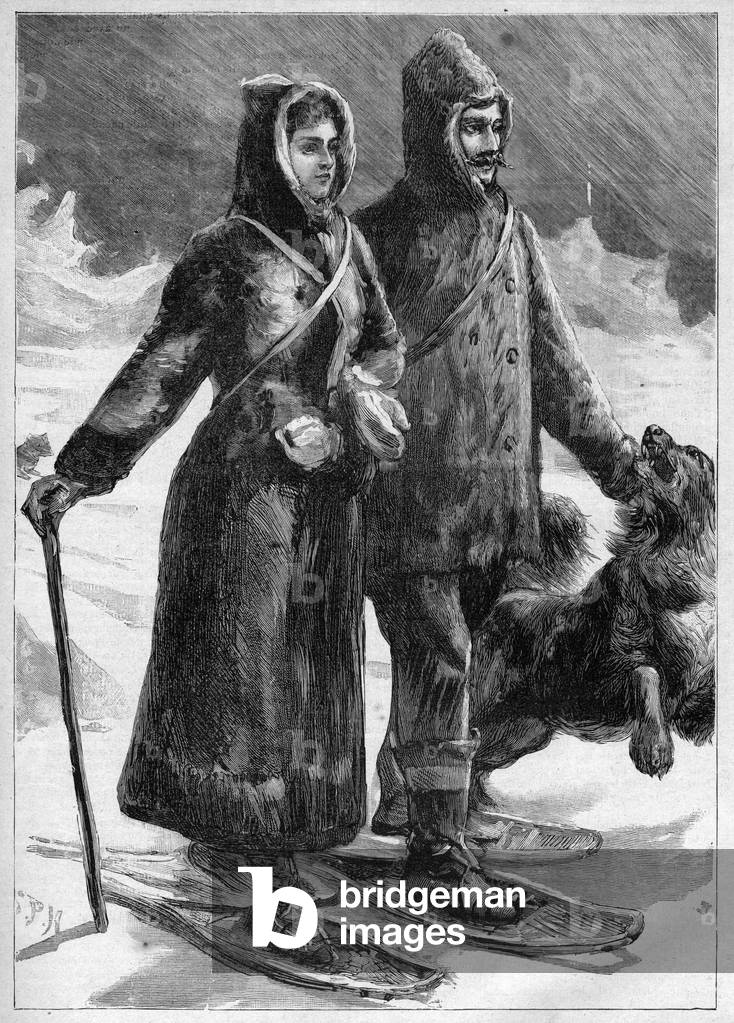 Lieutenant Robert Edwin Peary (1856-1920) in Greenland with his wife - engraving in “Le Journal des voyages”” of 1894