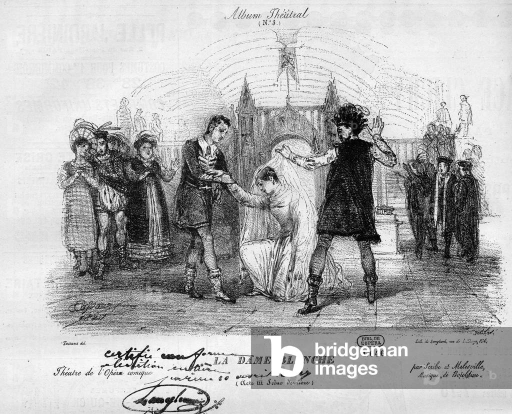 The white lady in the original costumes of 1825. Opera in three acts by Francois Adrien Boieldieu (1775-1834). Engraving in “” Le Monde Illustré””, 1884. Private Collection