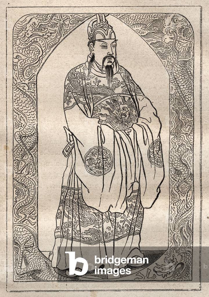 Representation of the Emperor of China, as described by Jean Baptiste Du Halde (1674-1743), published in 1735, after the recites of Jesuites missionaries - illustration taken from “The Great Mariners of the 18th century”, 1879 - 1 of the 3 volumes of the “Histoire generale des grands voyages et des grands voyageurs” by Jules Verne