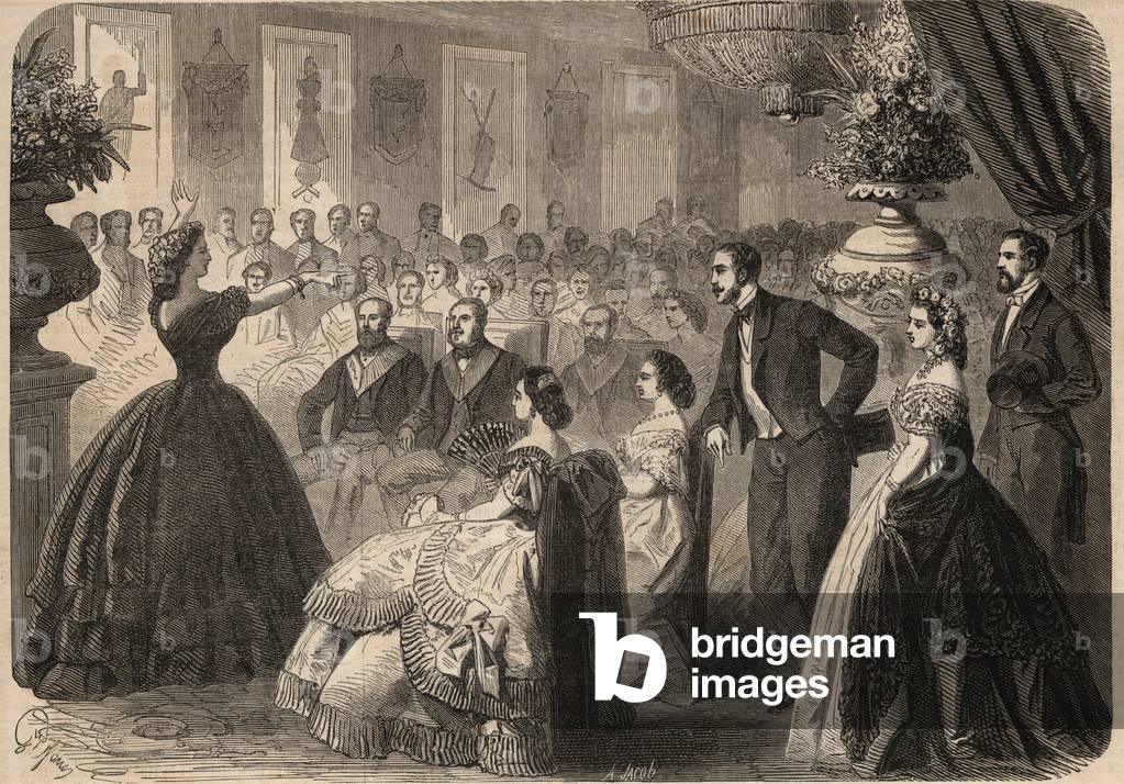 Pauline Viardot-Garcia (Viardot Garcia) (1821-1910), French singer at the Charity Fete given by the Maconnique Lodge “La perseverante friendship” in the Grand Orient of Paris. Engraving In “” Le Monde illustrious”” from 1862. Private collection.