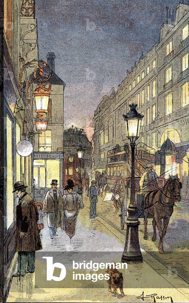 Paris by night, illustration late 19th century.