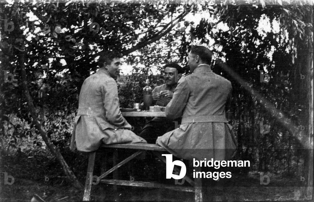 First World War (1914-1918): three officers having lunch. Giffecourt (Somme) in June 1917.