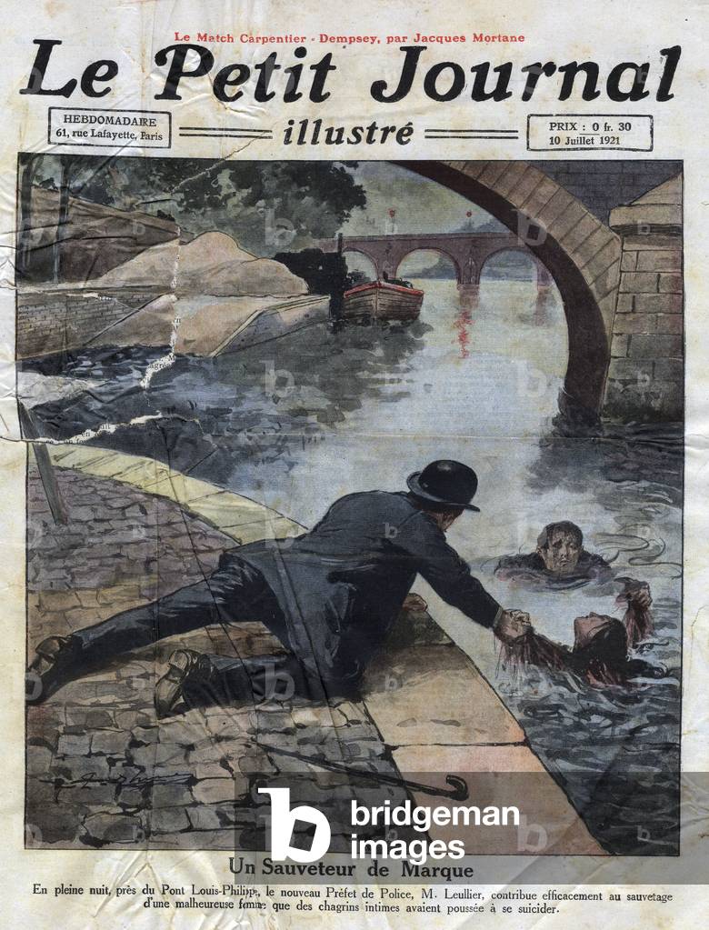 Attempted suicide in the Seine saved by Police Chief Leulier, illustration from Le Petit Journal Illustre, 1921 (print)