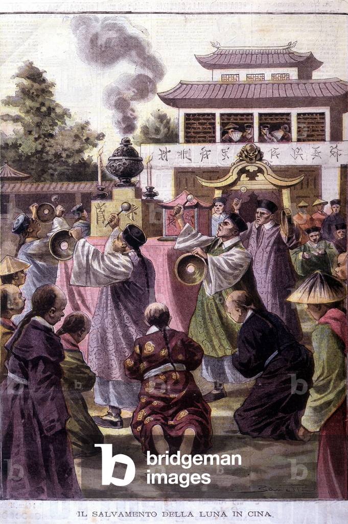 Chinese belief: Before a moon eclipse, prayers and mandarin rites to prevent the moon from falling: “The Rescue of the Moon in China”, 1903.