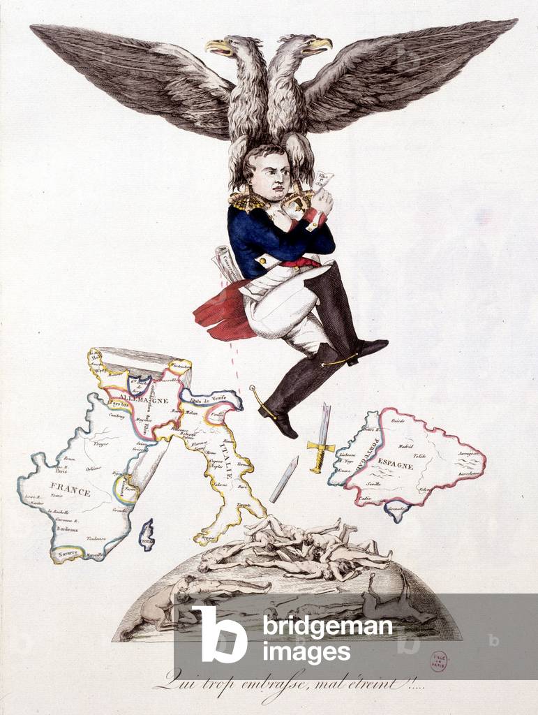 Who too embraces badly embraces: after sowing death throughout Europe, Napoleon joins the island of Elba, carried by an eagle - in “” Napoleon 1st, caricatures, dummy collection””, c. 1814