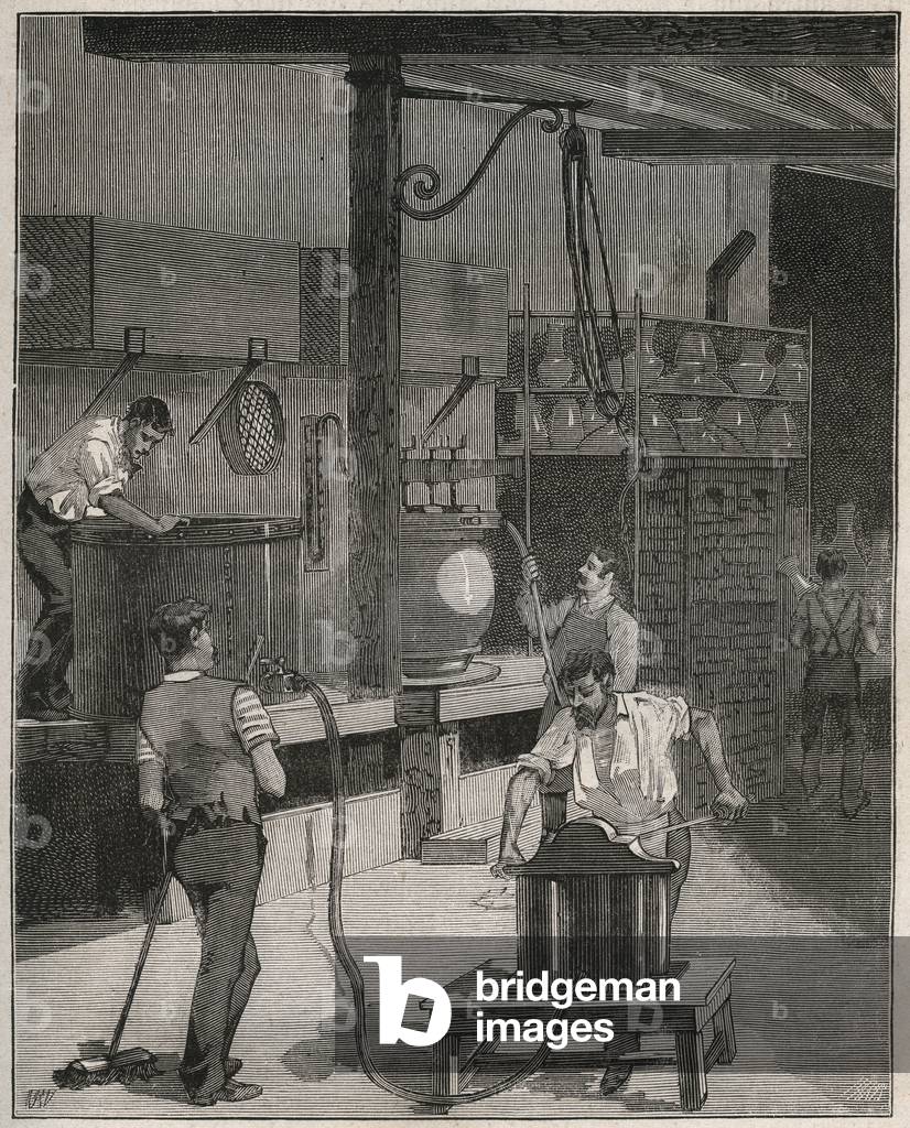 Pottery, Manufacture de Sevres: Vacuum and compressed air casting workshop. Engraving from 1885 in “” Les arts et metiers illustres”” by Adolphe BITARD.