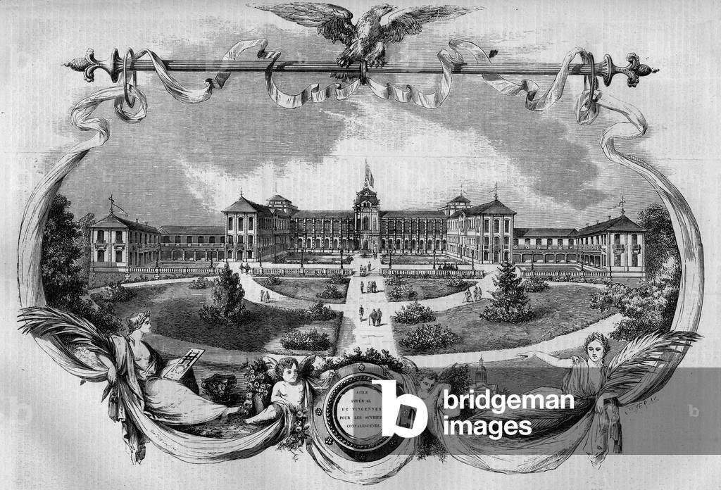 Architecture: facade of the hospital known as “Imperial Asylum of Vincennes” for convalescent workers inaugurated in 1857. Today is called the “National Hospital of Saint Maurice”, Saint Maurice (94). Engraving in “” Le Monde Illustré”” n°20 of 29 August 1857.
