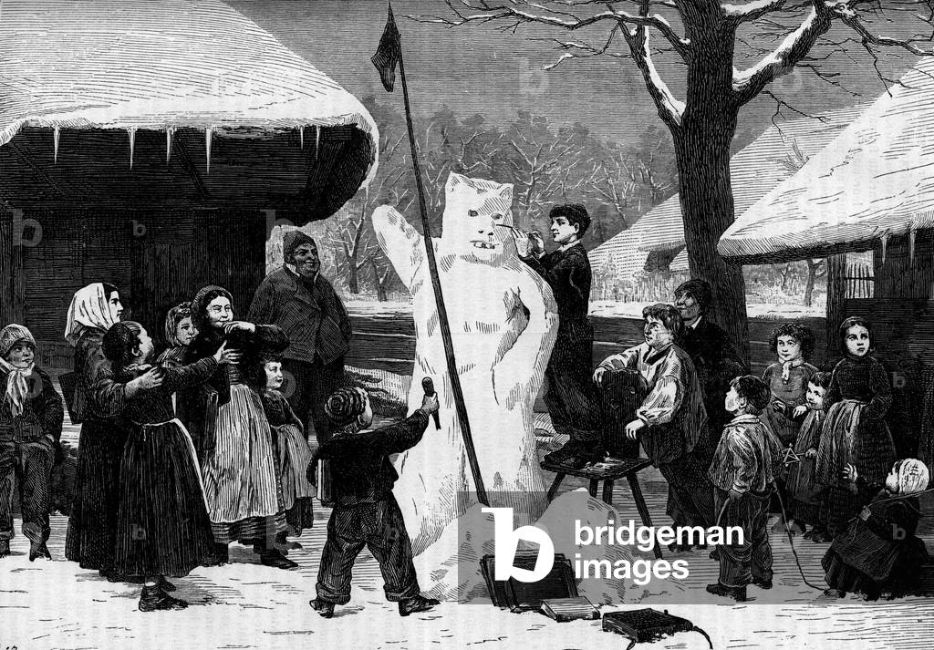 Children making a snowman in a village in the Alps. Engraving in “” Le Journal de la jeunesse””, 1890.