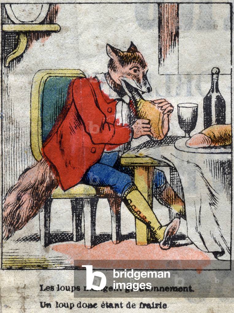 The wolf and the stork. Fables by Jean de La Fontaine (1621-95). Late 19th century (print)