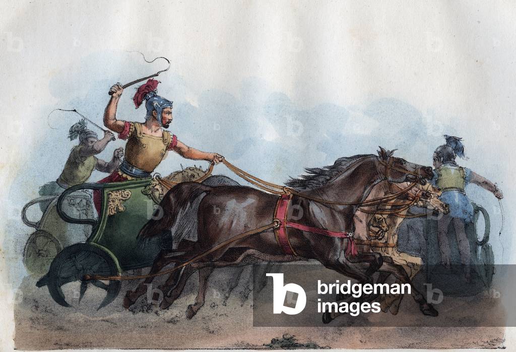 Roman chariot race or Biga race (Bige) - engraving from “” Usi e Costumi di Tutti i i Popoli dell'Universo. Ovvero Storia del governo, delle leggi, della milizia, della religione di tutte le nazioni dai piu remoti tempi fino ai giorni nostri” 1856