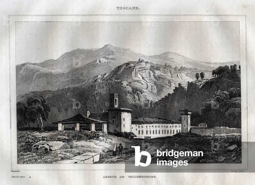Santa Maria di Vallombrosa Benedictine abbey located in the municipality of Reggello, in Tuscany - Vallombrosa Abbey - Engraving from “” Italy Picturesque”” - Historical and Descriptive Painting of Italy”” by M. de Norvins, Ch. Nodier 1834-1836.