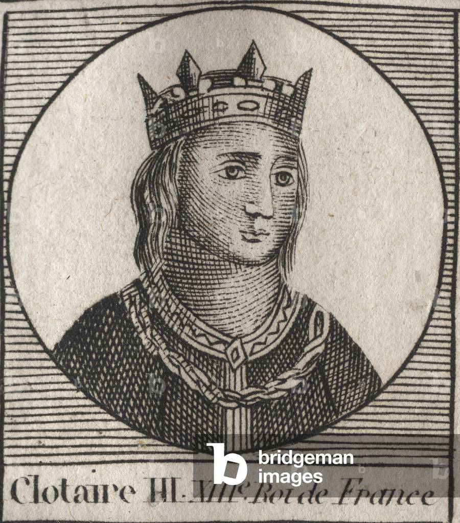 Portrait of Clothaire III (652 - 673), King of Neustria and Burgundy - Chlothar III or Clotaire III, King of the Franks from the house of the Merovingians - engraving from “Instruction sur l'Histoire de France”” by Charles Constant Le Tellier 1821