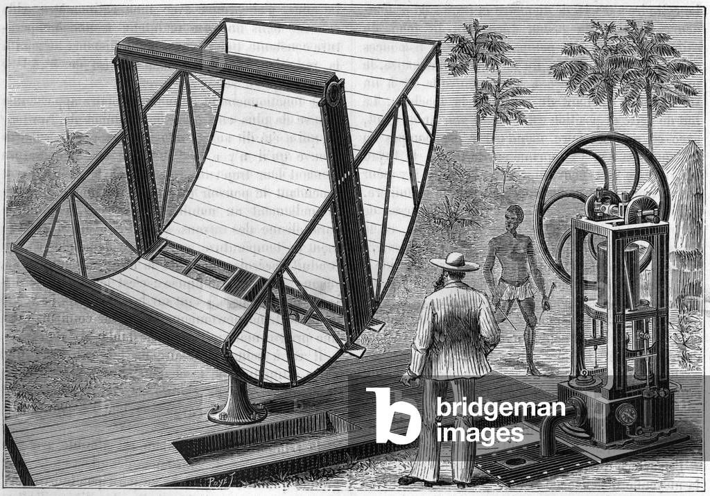 The solar machine experimented in 1883 by John Ericsson (1803 -1889), an American engineer of Swedish origin, one of the father of the use of solar energy. in “Nature. Review of sciences and their applications to the arts and industry.””