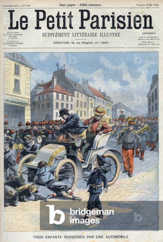 Tre bambini rovesciati da un'auto, Boulevard de l'Hopital a Parigi, mentre un reggimento di fanteria correva c