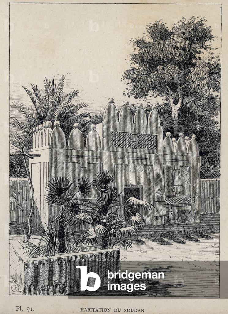 habitation du Sudan (Sudan) - engraving of 1889 in “Histoire de habitation humaine à l'Exposition Universelle de 1889, by Mr Charles GARNIER - Librairie centrale des beaux-arts Paris 1889