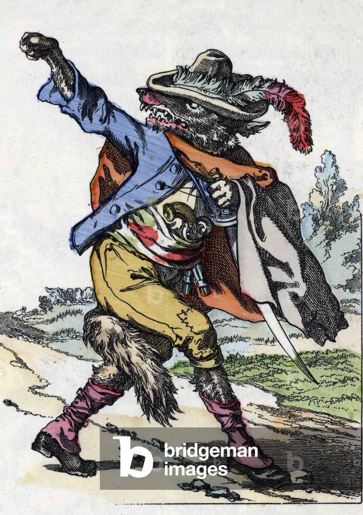 The wolf. Illustration of the tale “Compere le Loup, Maitre Renard, Comere la Chevre et ses petits biquets”” after a fable by Jean de la Fontaine. In “” Tales from the home for the little ones””. Anonymous engraving of the 19th century.