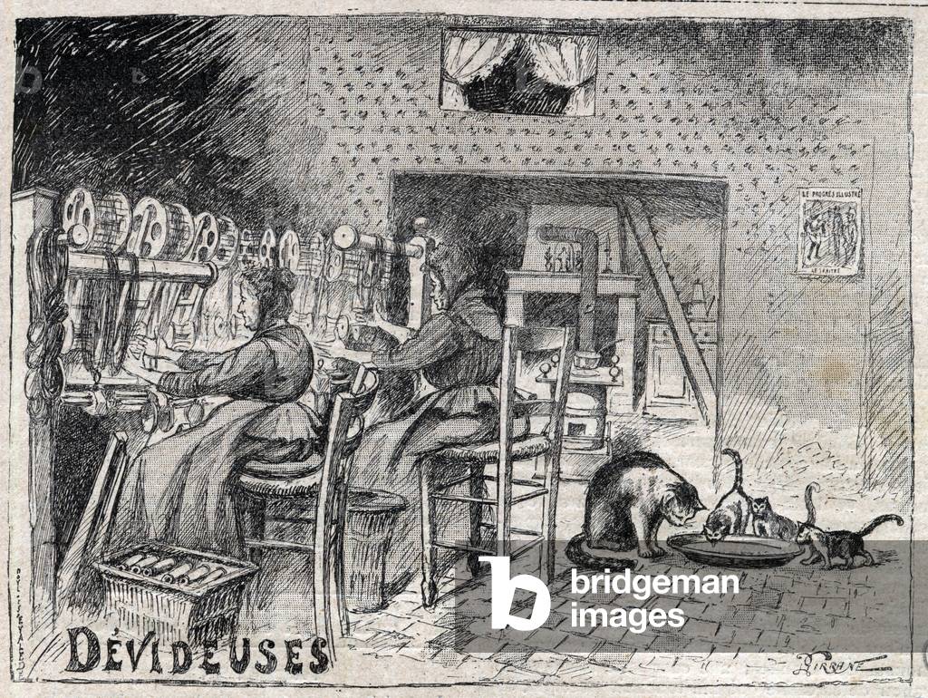 Devideuses - Atelier de Canut - interior of a silk weaver workshop in Lyon engraving in “Le Progres illustrious”” of 1895