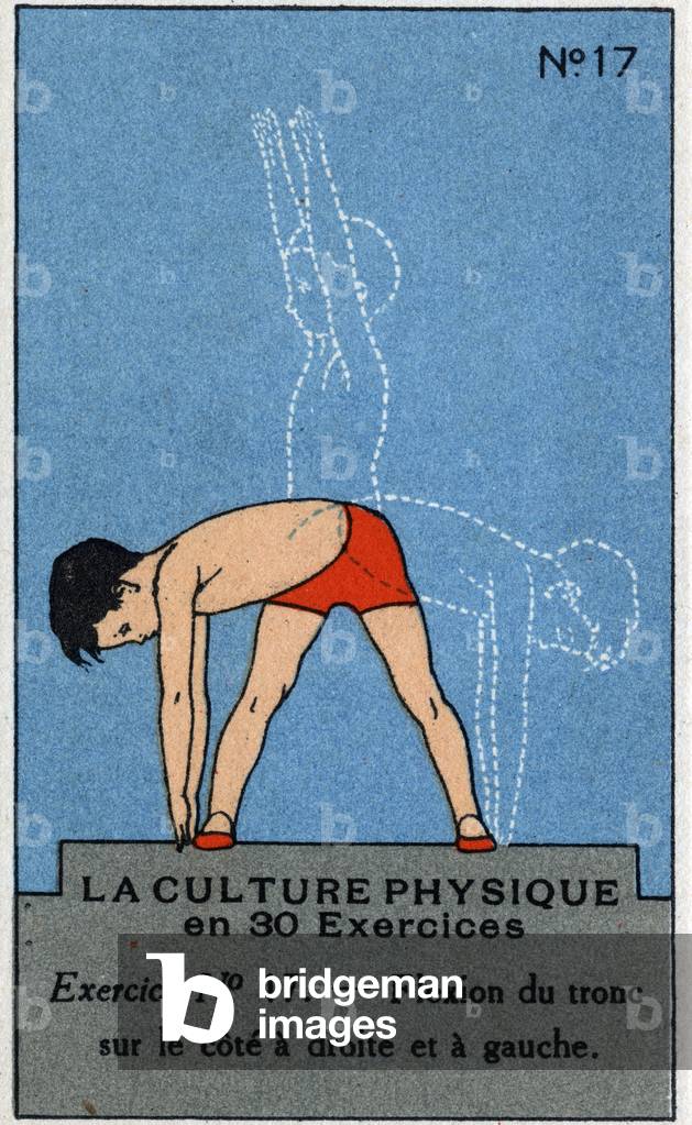 Physical culture in 30 exercises N°17: bending of the trunk on the right and left side Physical education and sports activities for children 1910 (chromo)