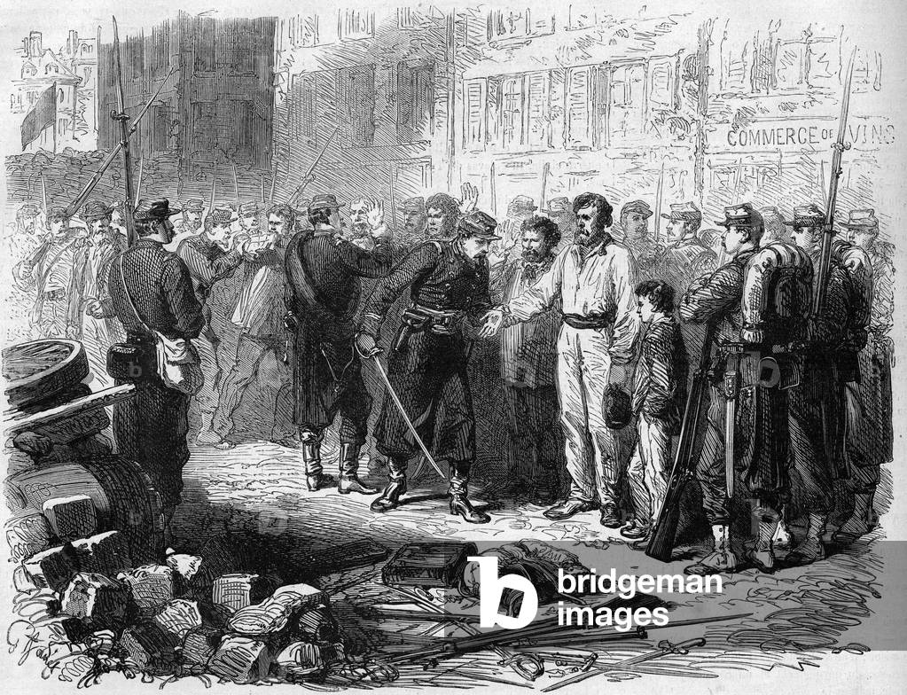 The Paris Commune in 1871. Inspection of the hands of the Communards in Belleville. Soldiers inspect men's hands to recognize the simple workers of insurges who have powder-stain hands.