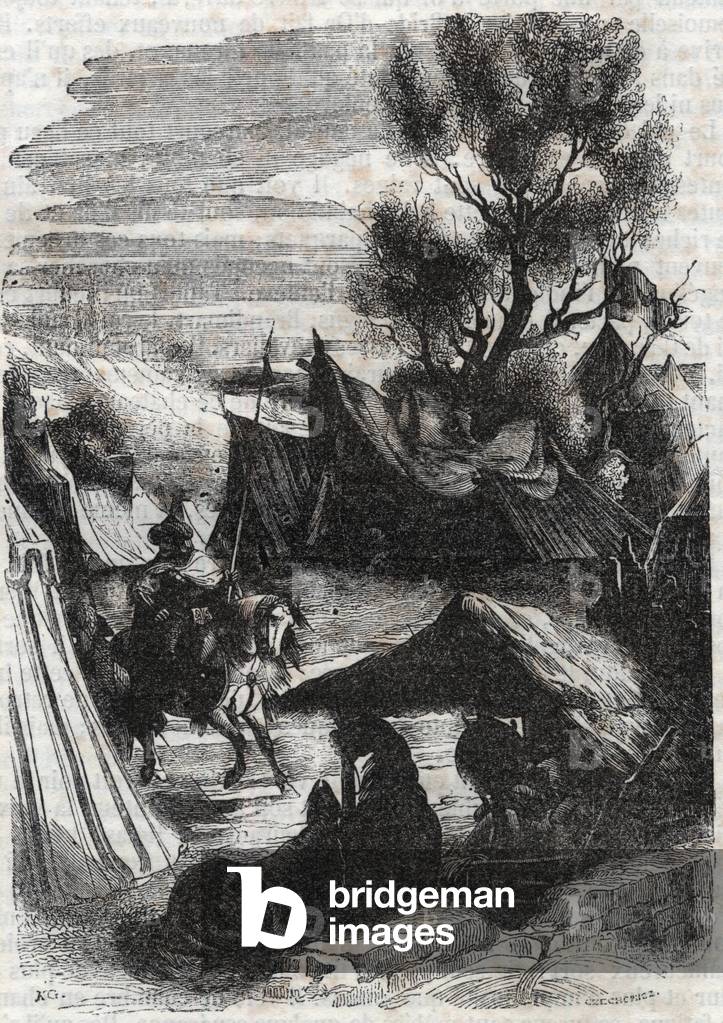 Roland in the Saracen Camp - engraving of 1851 from “” Furious Roland”” (Orlando furioso) (16th century) by Ludovico Ariosto, known as the Ariosta - Edition translated from Italian by the Count of Tressan and published by Gustave Harvard 1851