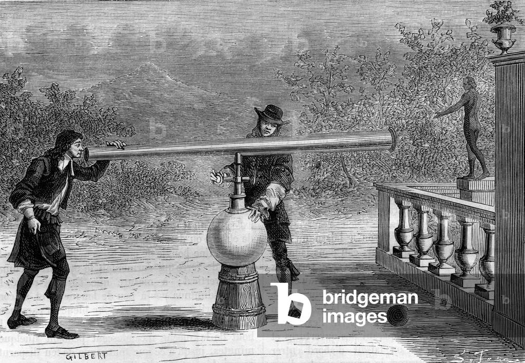 Invention: Sarbacan or pneumatic gun by Otto von Guericke (Otto de Guericke) (1602-1686), German inventor. Engraving in “” La Nature””, 1878. Private collection.