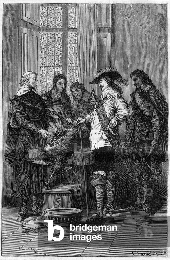 Experience of William Harvey (1578-1657), English doctor showing Charles I Stuart (1600-1649) king of England and doctors of the Royal College of London the phenomene of blood circulation on a living doe. Engraving in “” La Nature””, 1879. Private collection.