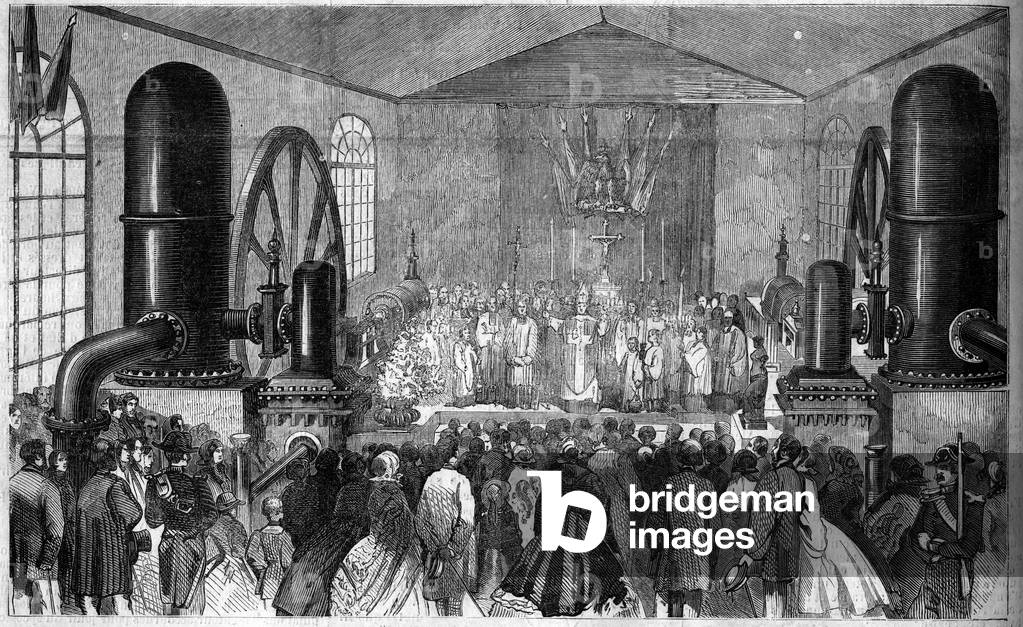 Religious Ceremony, France, 19 August 1860: blessing by the Archeveque of Versailles of the hydraulic machines of the Vesinet. Engraving in “” Le Monde Illustré”” n°176 of 25 August 1860.