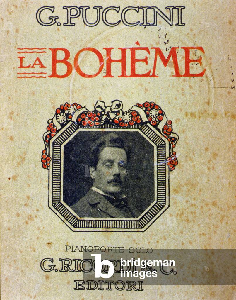 Cover of the score “” La Bohème”” by Puccini (1858-1924) with his portrait.