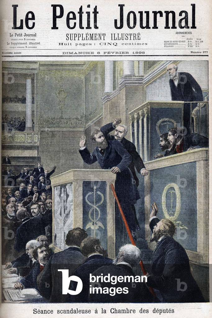 The scandalous meeting of the House of Deputies: Jean Jaures attacked by Bernis during a debate on the Dreyfus Affair, 1898 (engraving)