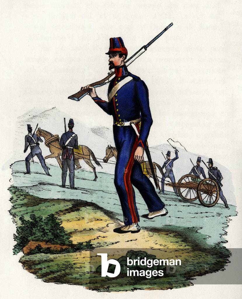 Mountain artillery battalion of the French army of Africa in Algeria in 1830. In “” Storia d'Algeri””, Leone Galibert, vol. 2, 1847.