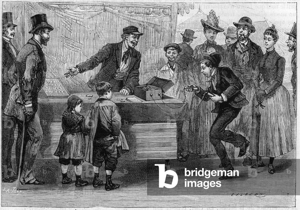 The travelling electrician at the fair de la Villette in Paris: a man is caught in convulsions and cannot release the machine's wrists (electrocution). Engraving in “” La Nature. Revue des sciences et de ses applications aux arts et a l'industrie”, 1889.