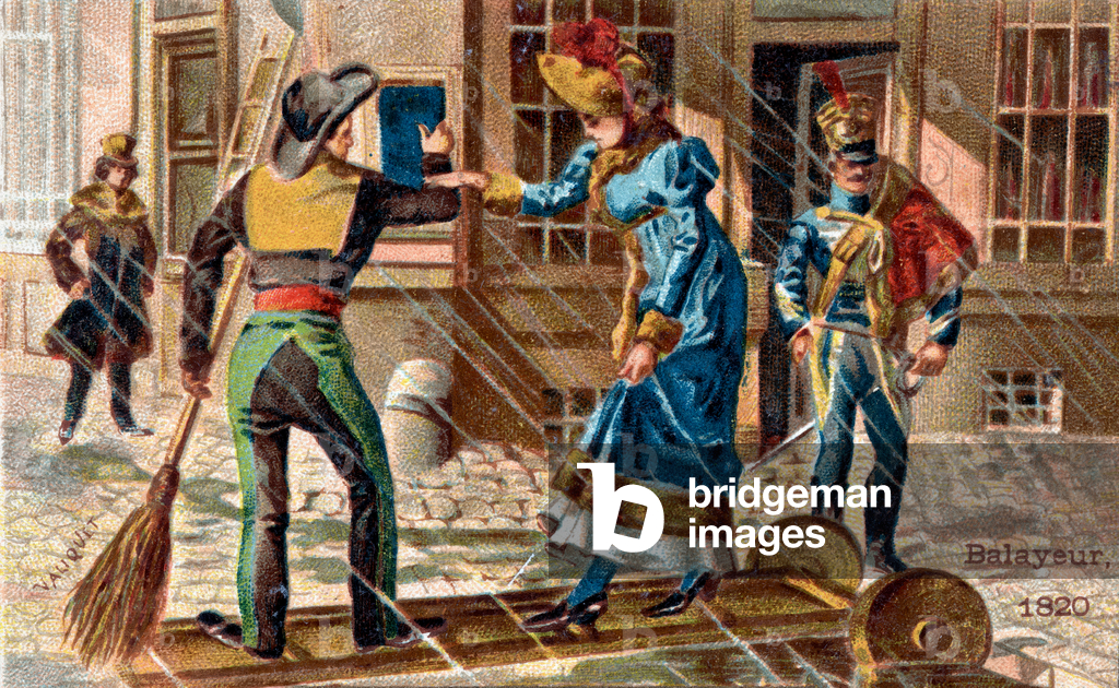 The trade of sweeper in 1820: a sweeper helping a young woman cross a puddle.