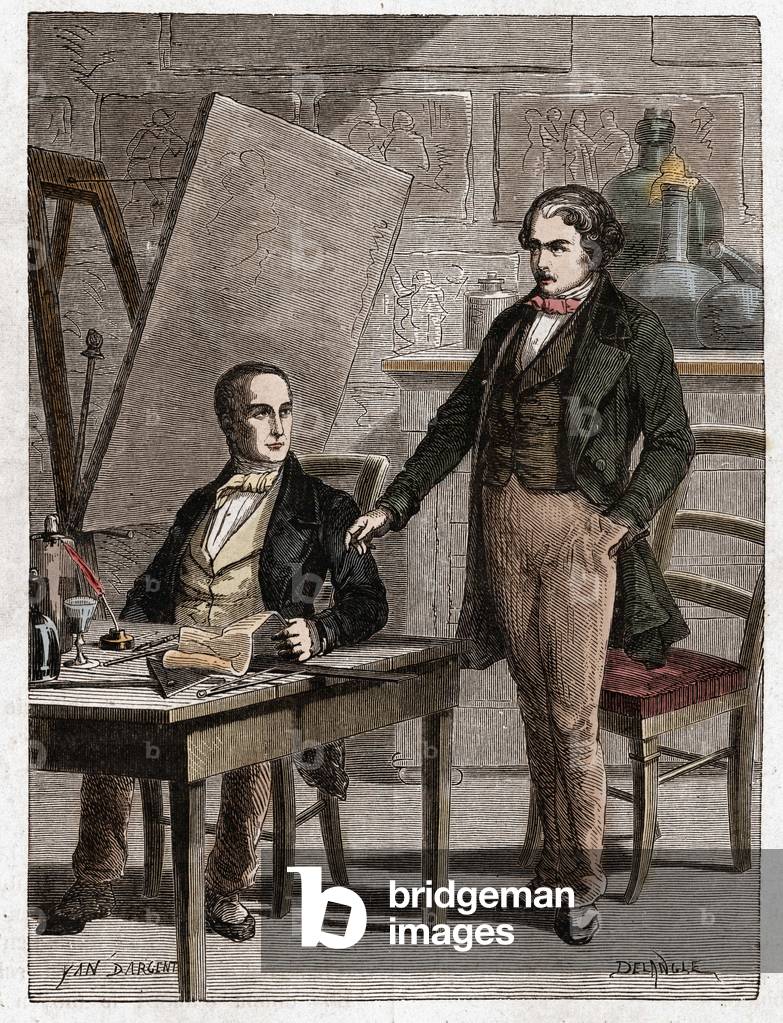 Niepce reading to Louis Daguerre lthe description of Heliography, for the fixing of pictures from camera obscura - Nicephore Niepce (1765-1833), French inventor, pioneer of photography reading to Daguerre the description of his method for the fixation of images of the dark chamber engraving 19th century, Bianchetti collection.
