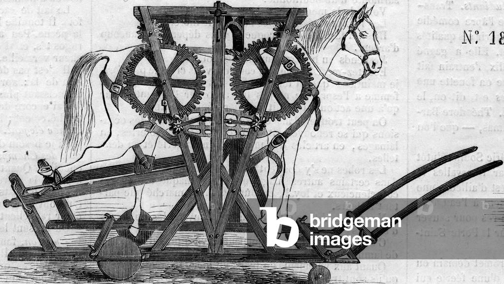 Agricultural machine: a suspension device (or portable work) uses to immobilize horses or cattle before treating them, 1860 (engraving)