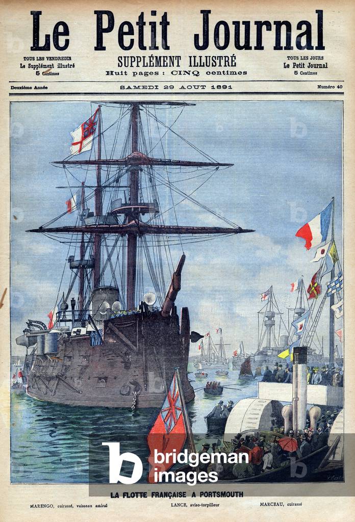 the french fleet in Portsmouth: flagship “Marengo”, l'aviso torpedo “” Lance”” and the battleship “Marceau”, front page of the Petit Journal du 29 august 1891 (engraving)