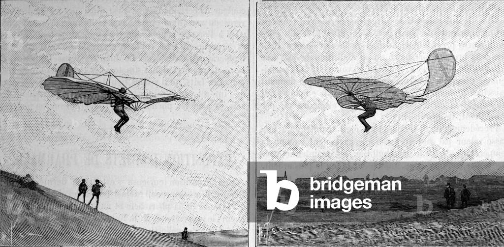 The flying aircraft of Otto Lilienthal (1848-1896), German aeronautics pioneer, in two different positions (from an instant photograph). Engraving in “” La Nature: revue des sciences et de leurs applications aux arts et a l'industrie”” of 3 February 1894.