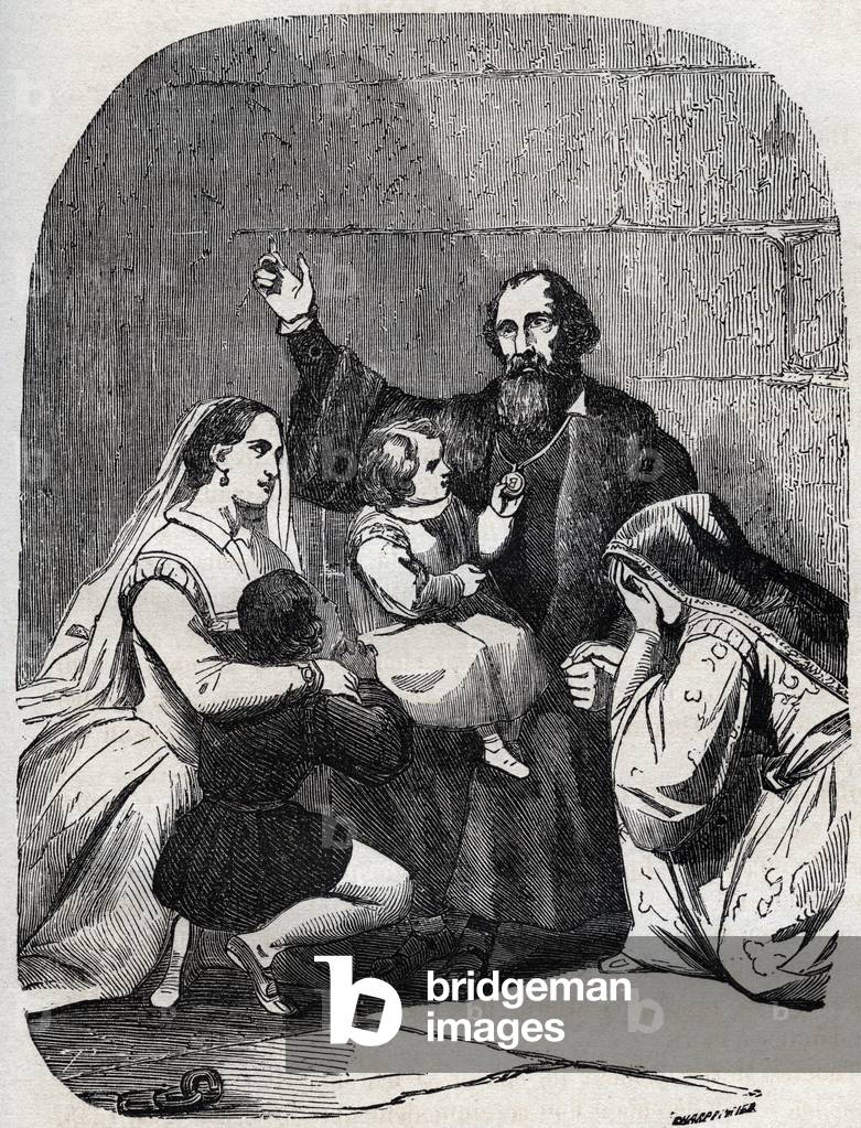 Sir Thomas More (Morus) (1478-1535) and his daughter Margaret and childrens in prison, 1535 - engraving
