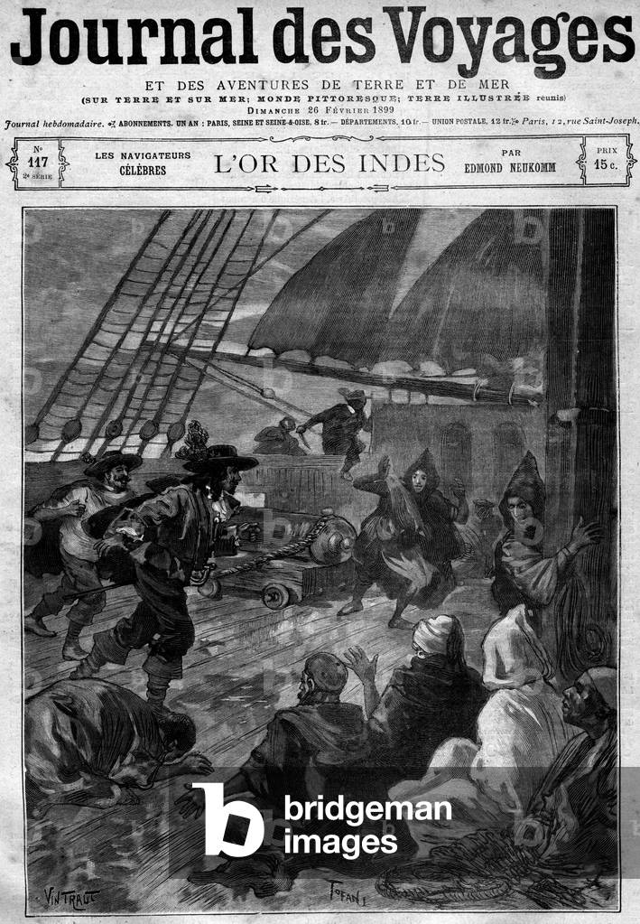 Augustine de Beaulieu (1589-1637), French navigator and merchant, attacking a ship where beggars came from Mecca, 1619. Engraving in “” Journal des Voyages”” of 26 February 1899.