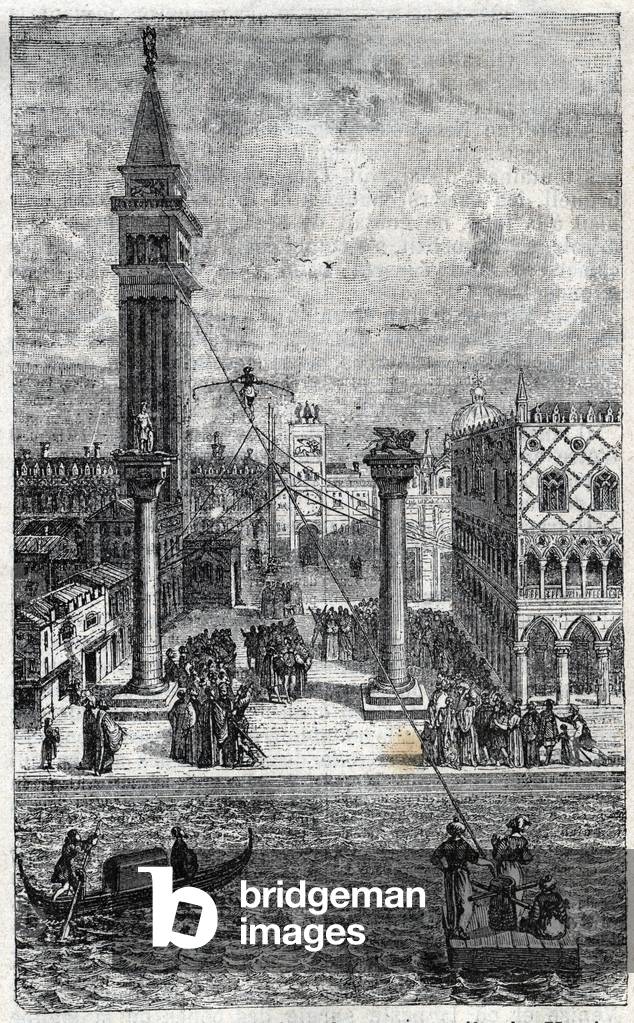 Show in the air in the Middle Ages: Climbing a walker from the canal to the bell tower of Venice in Italy in the 15th century.