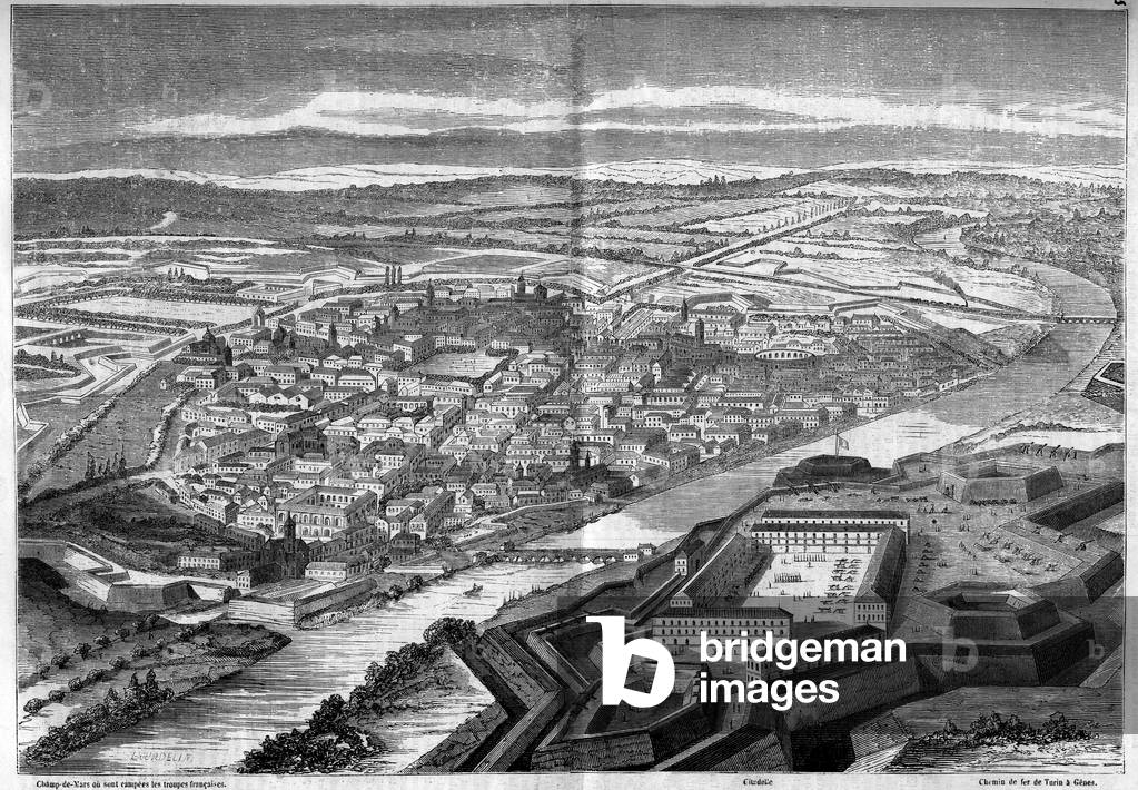 View of the city and citadel of Alexandria in Italy, 1859. Engraving in “” Le Monde Illustré”” n°109 of 14 May 1859.
