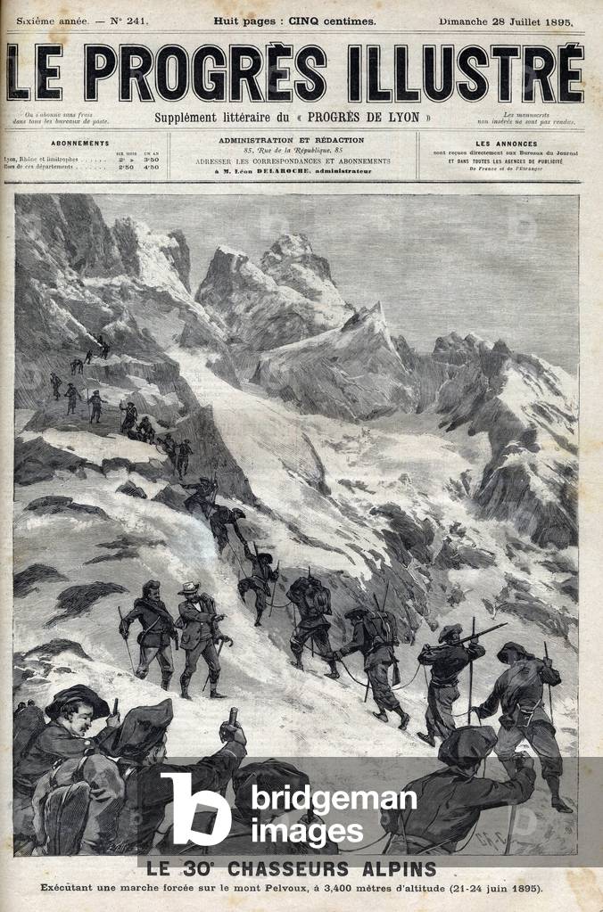 The 30th alpine hunters carrying out a forced march on Mount Pelvoux at 3400 metres altitude on June 21-24 1895 - engraving in “Le Progres illustrious”” of 1895