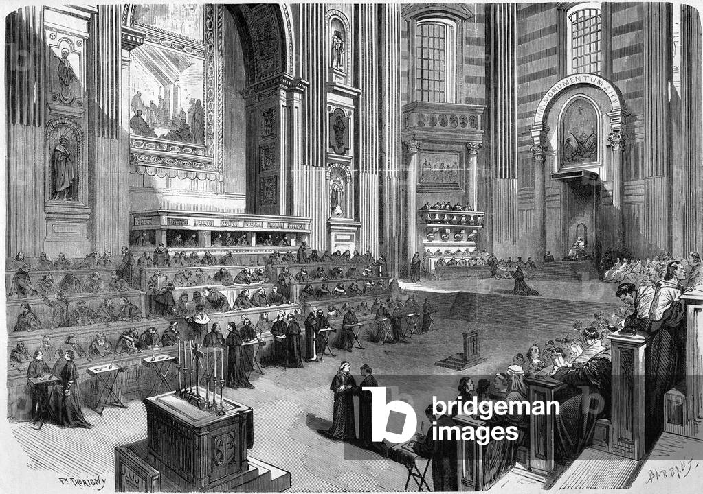 Rome 1869, first meeting of the ecumenical Council of 1869 held on 9 December in the right part of the transept of the Church of St. Peter.
