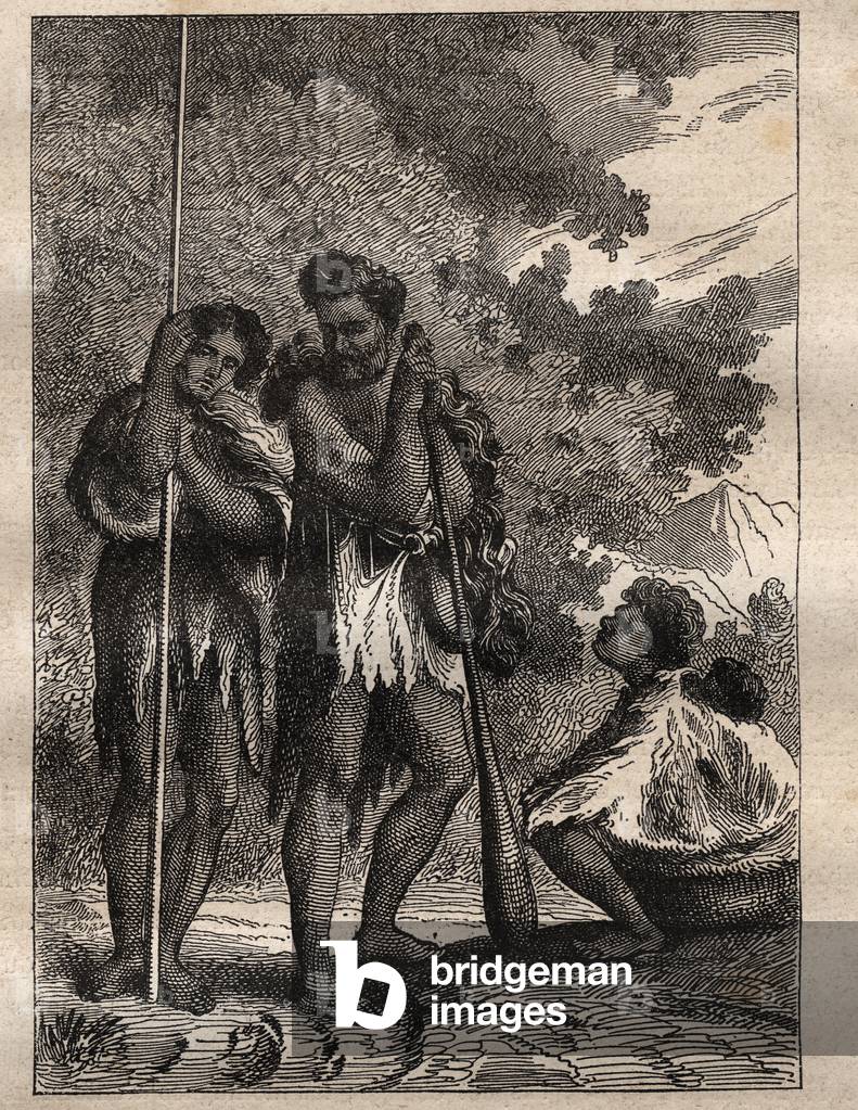 First voyage (1768-1771) by Captain James Cook (1728-1779): a Neo-Zelandan family (Neo Zelandaise) - illustration taken from “The Great Mariners of the 18th century””, 1879 - 1 of the 3 volumes of the “Histoire generale des grands voyages et des grands voyageurs” by Jules Verne