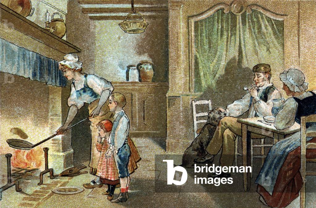 Old custom celebrated in the Berry region: candlestick pancakes. Chromolithography of the late 19th century.