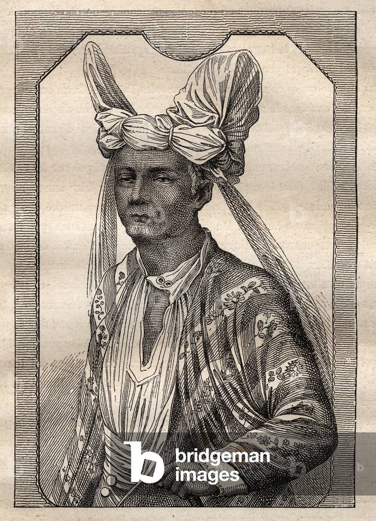 The expedition around the world (1790-1792) by Captain Etienne Marchand (1755-1793): portrait of the king of the island Timor (Indonesian archipelago) - illustration taken from “The Great Mariners of the 18th century”, 1879 - 1 of the 3 volumes of the “General Histoire des grands voyages et des grands voyageurs” by Jules Verne