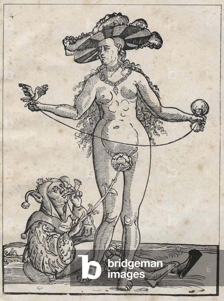Allegoria della follia - allegorie de la folie (La donna e il pazzo) incisione tedesca del XVI secolo.