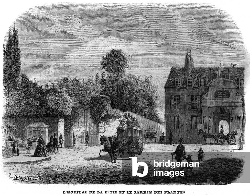 The hospital of pitie salpetriere (PITIE-SALPETRIERE) and the garden of plants in Paris in 1858.