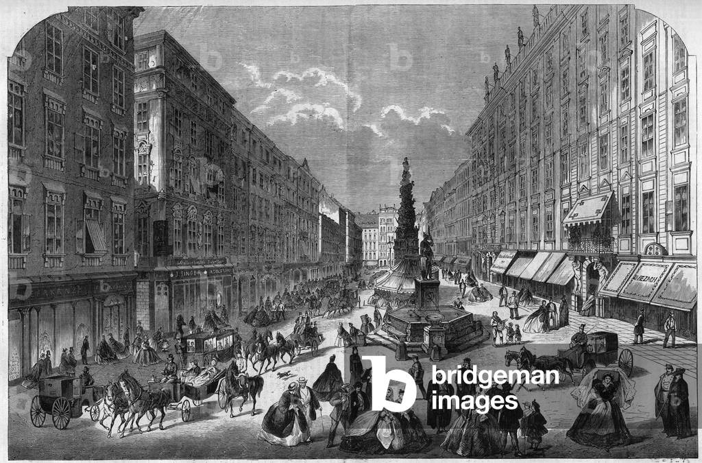 View of the Graben in Vienna, Austria. Engraving in “The Illustrous Universe”, 1867. Private collection.